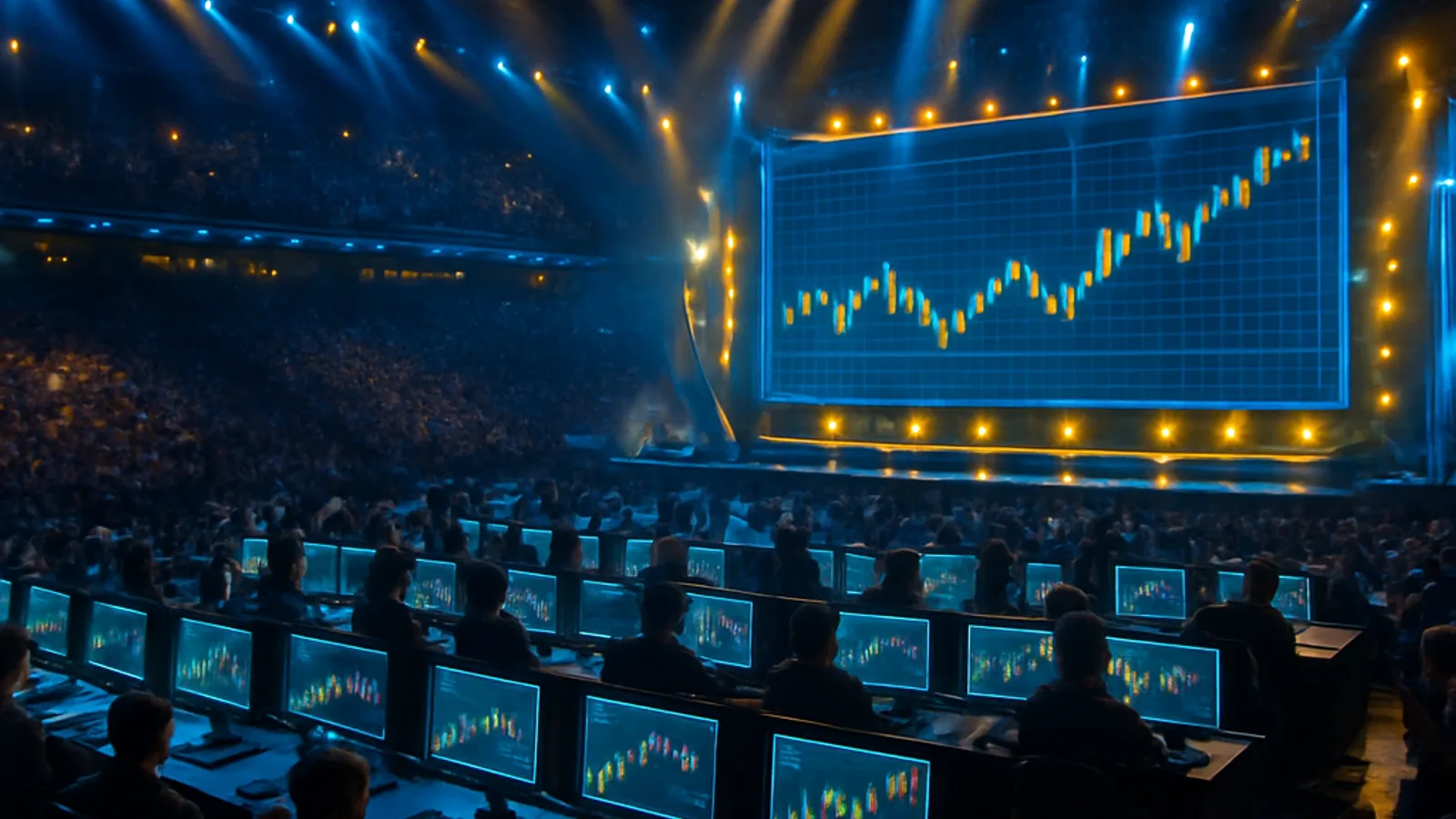 A packed World Trading Tournament e-sports arena with traders at glowing stations beneath a giant candlestick-chart stage screen